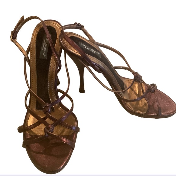 DOLCE & GABBANA Brown Metallic Leather Strappy Slingback Sandal Heels Size 37 - Picture 2 of 8